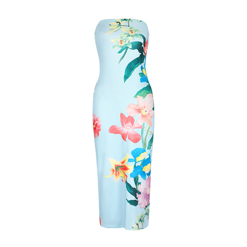 Dame maxikjole i elegant bandeau-stil med blomstermønster Skjora