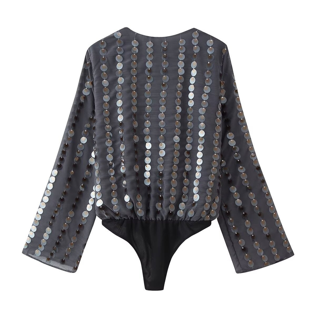Damer Glamouroser Body med glitrende paljetter og innpakningsdesign Skjora