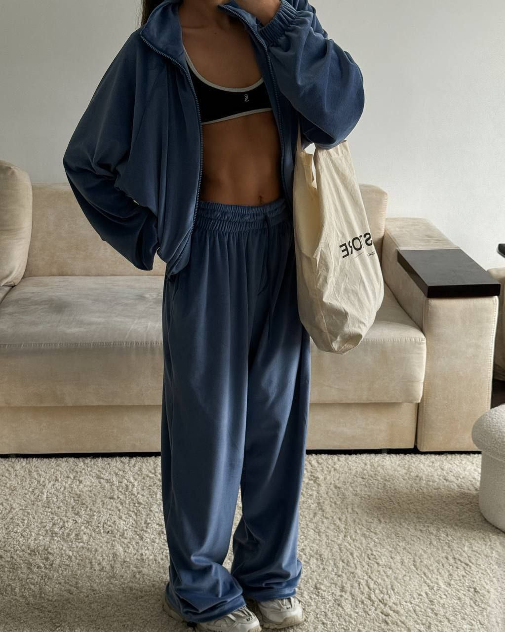 Dame Fleece Loungewear Set med Høy Krage og Elastisk Midje