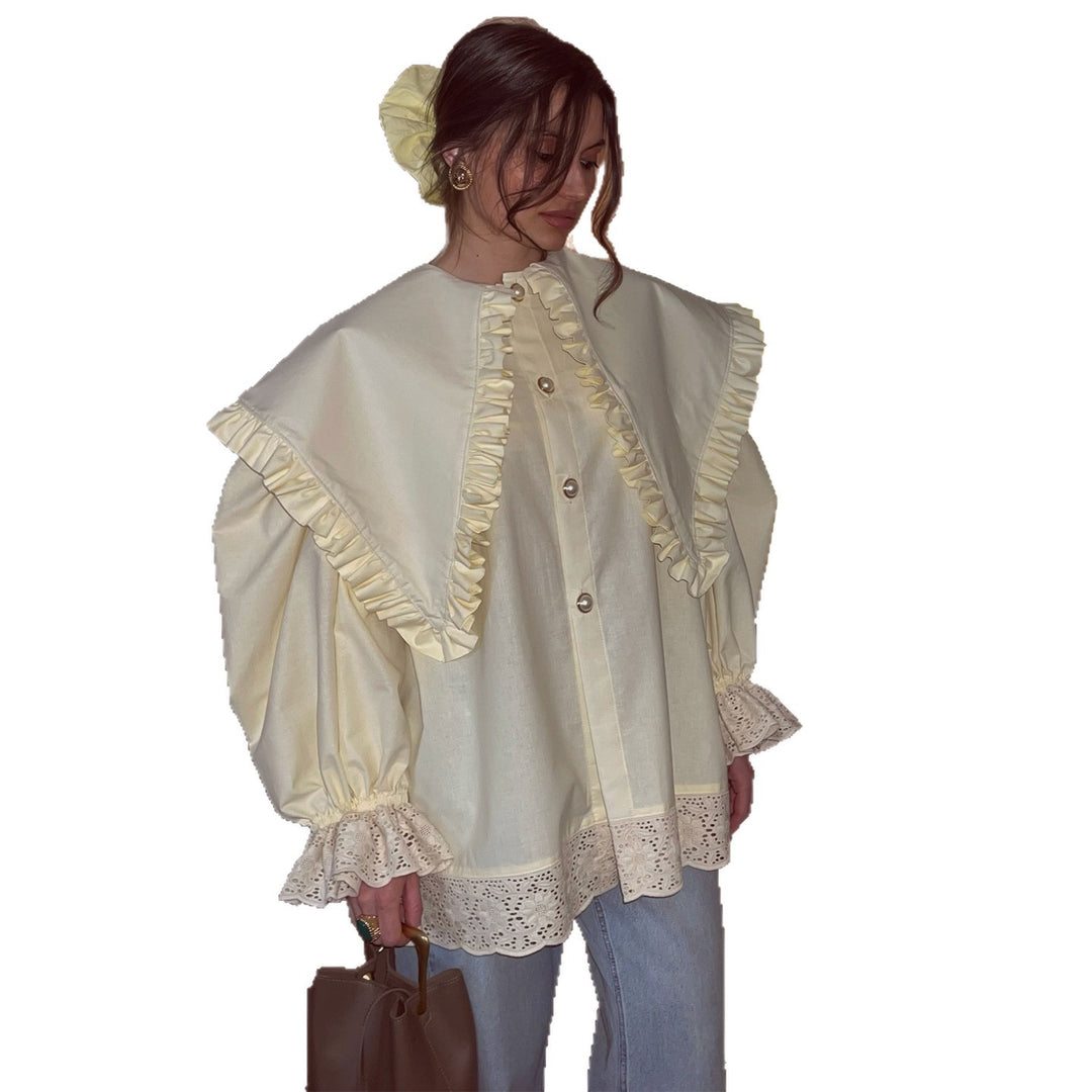 Kvinne oversized bluse med volangdetaljer og blonder trim Skjora
