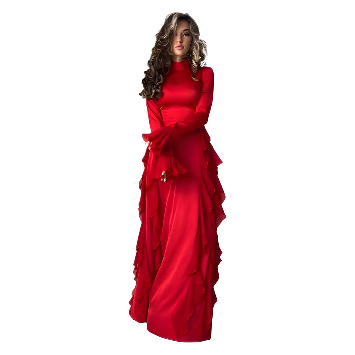 Damer Elegant Maxi Kjole med Voluminøse Volanger og Skinnende Finish