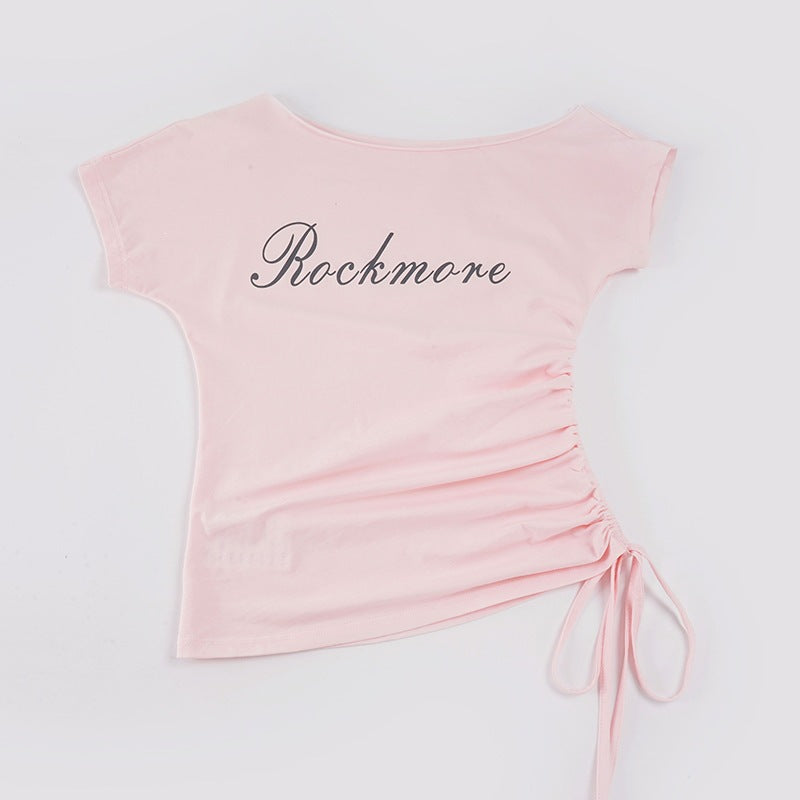 Damer Off-Shoulder T-skjorte med rynker og trendy trykk Skjora