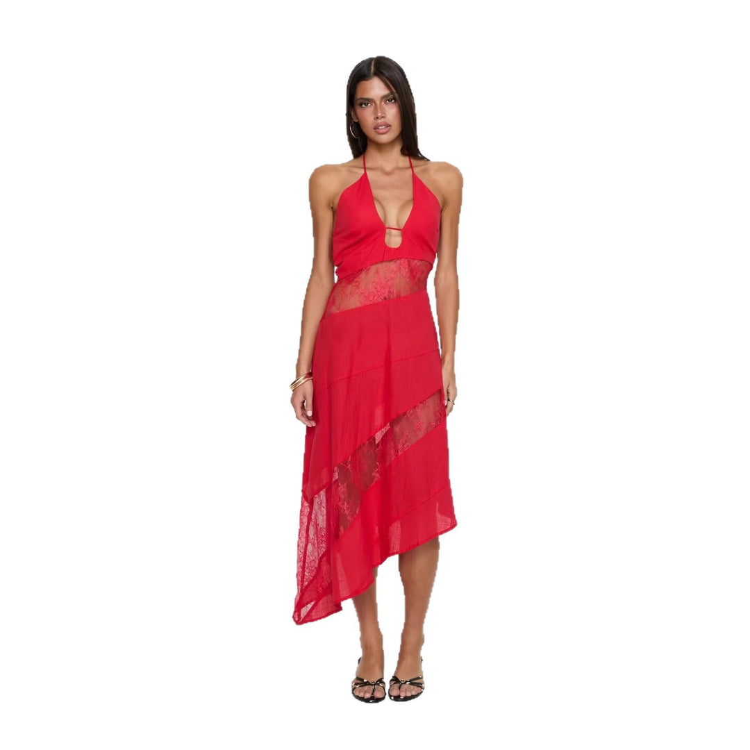 Women's halter neck dress with sheer inserts and asymmetric hem Skjora