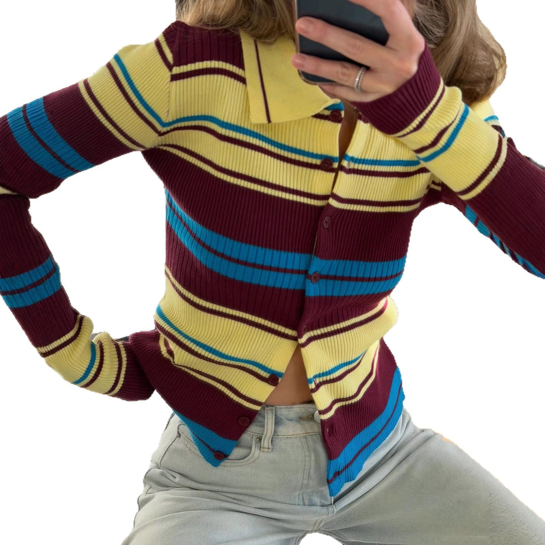 Dame ribbestrikket cardigan med brede striper og krage Skjora