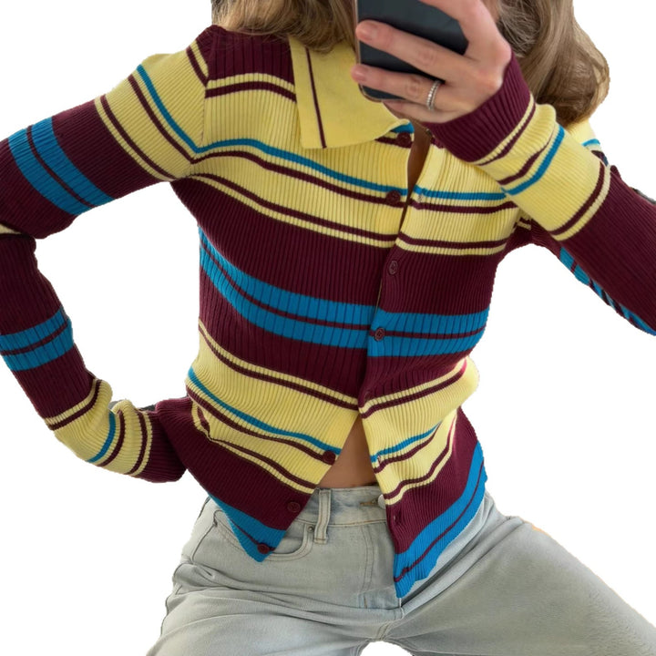 Dame ribbestrikket cardigan med brede striper og krage Skjora