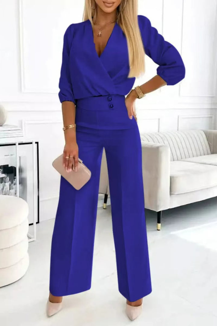 Kvinne elegant jumpsuit med omslagstopp og høyt liv ben Skjora