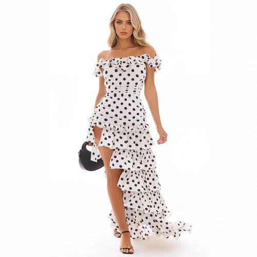 Dame Off-Shoulder Maxikjole med Volanger og spennende Slitt Skjora
