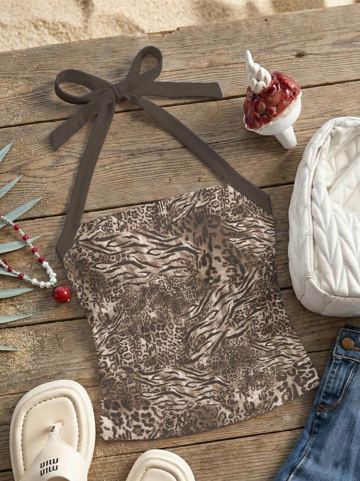 Damen Neckholder Top mit verspieltem Leopardenmuster Skjora