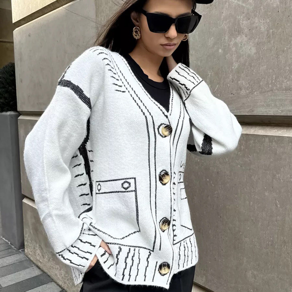 Dame avslappet cardigan med grafisk mønster Skjora