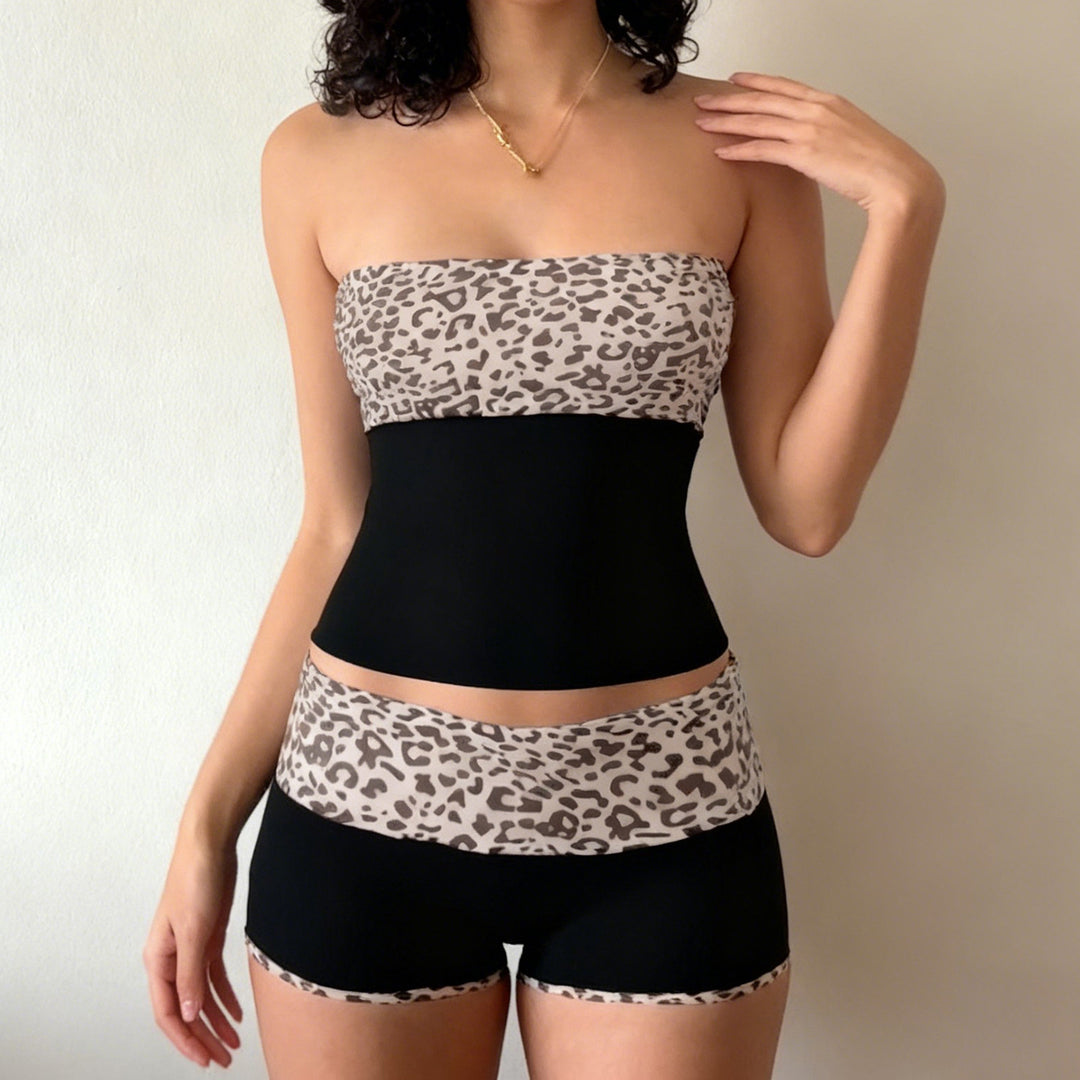 Dame sporty bikiniset med trendy leopardmønster og elastisk belte Skjora
