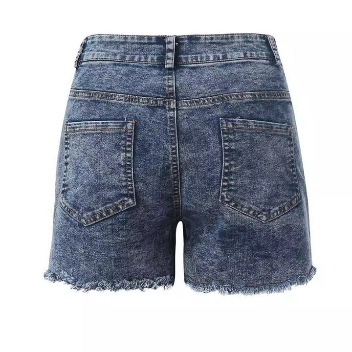 Dame høyt liv denim shorts med frynset søm Skjora