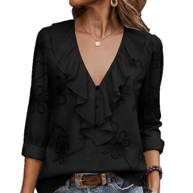 Dame elegant bluse med volanger og blomstrete broderimønster Skjora