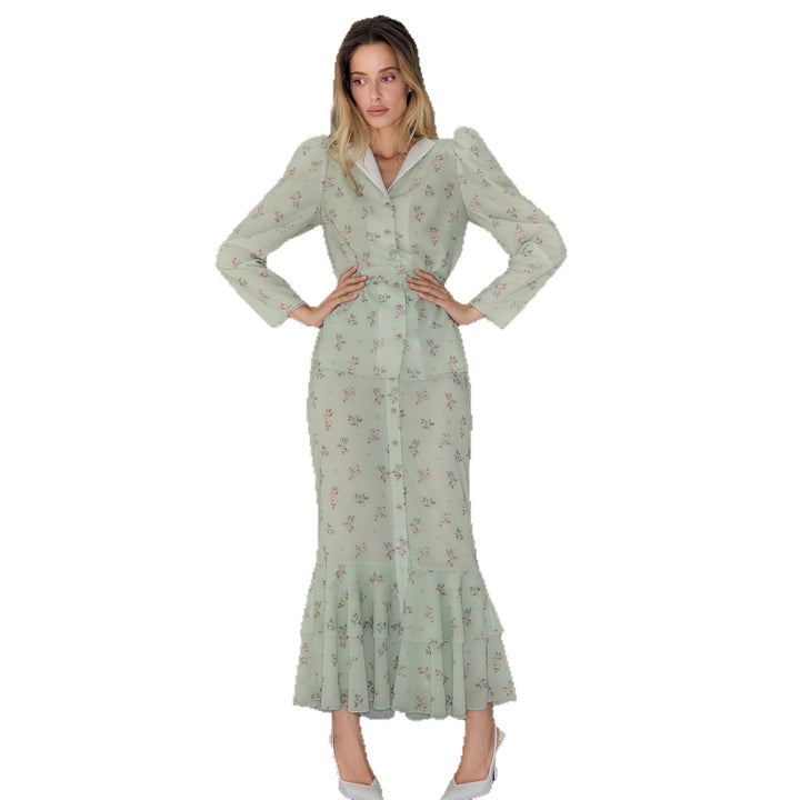 Damer Floral Pattern Maxi Kjole med Puff Ermer Skjora