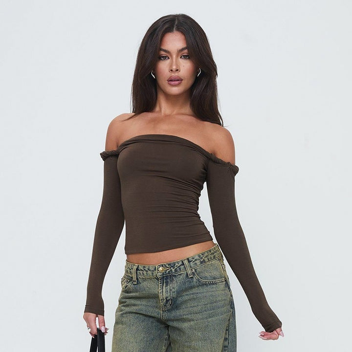 Damer Offshoulder Langerm T-skjorte med elegante Draperinger Skjora