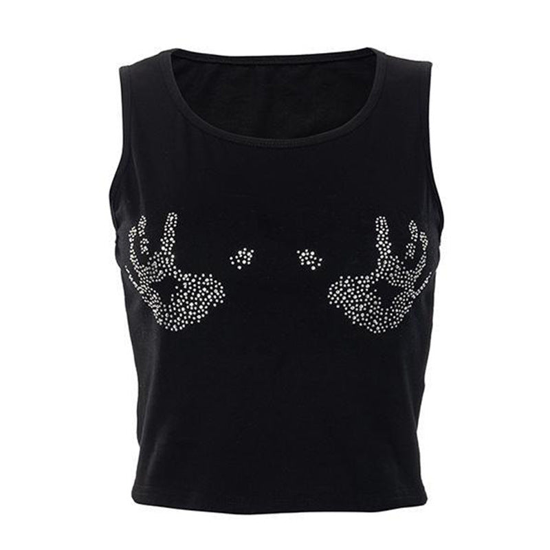 Women's Cropped Tank Top with Glitter Hand Motif Skjora