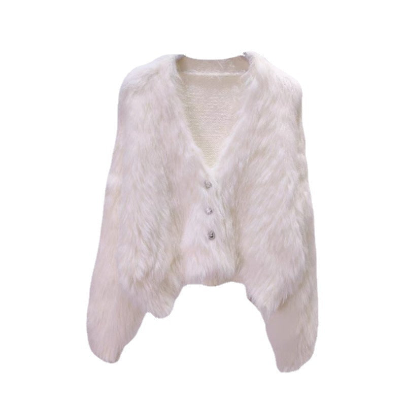 Kvinne Fluffy Kardigan med Hjerteknapper Skjora