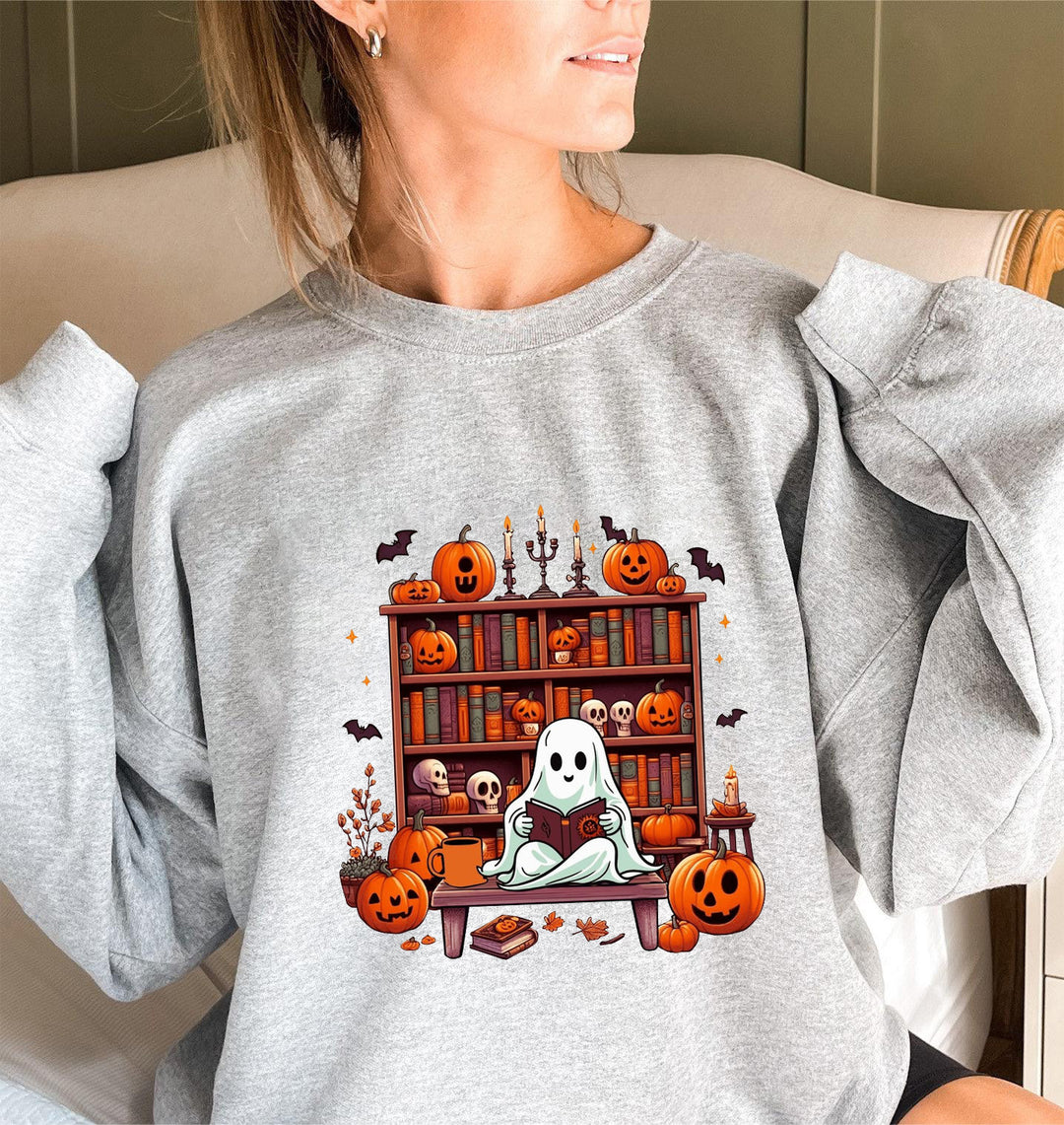 Dame sweatshirt med høstlig skremmende motiv og avslappede puffermarmer Skjora