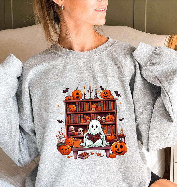 Dame sweatshirt med høstlig skremmende motiv og avslappede puffermarmer Skjora