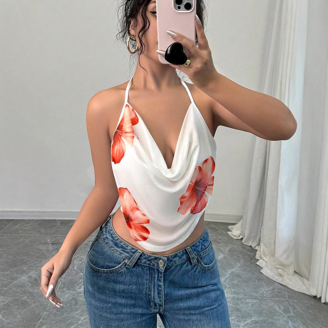 Dame bluse topp med dyp V-hals og blomsterdesign Skjora