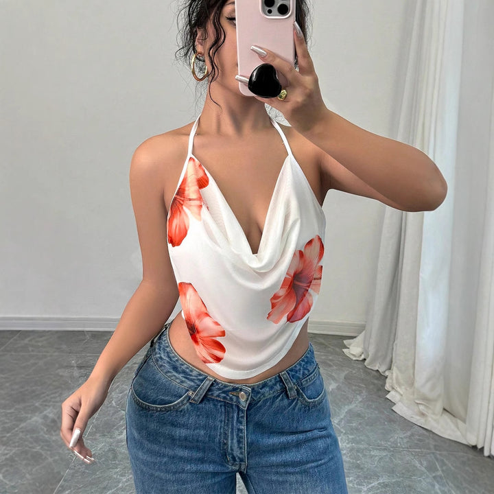 Dame bluse topp med dyp V-hals og blomsterdesign Skjora