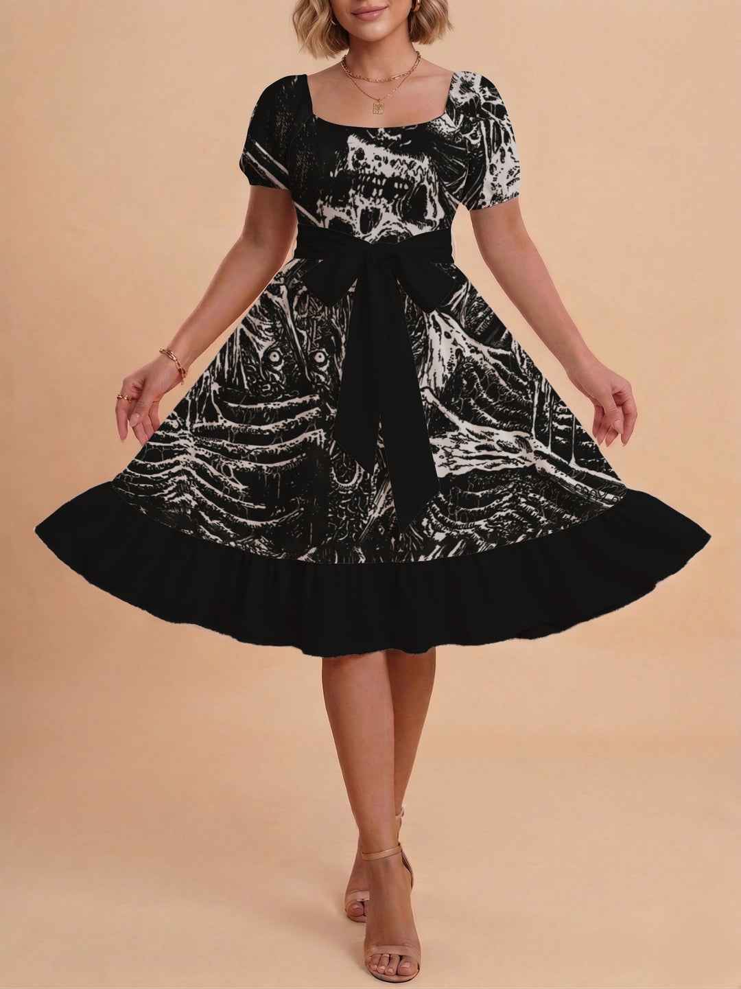 Damen schickes Glitzerkleid mit tailliertem Schnitt und Rüschensaum Skjora