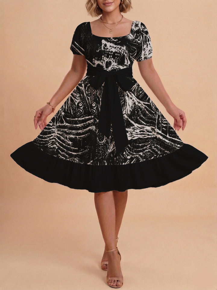 Damen schickes Glitzerkleid mit tailliertem Schnitt und Rüschensaum Skjora