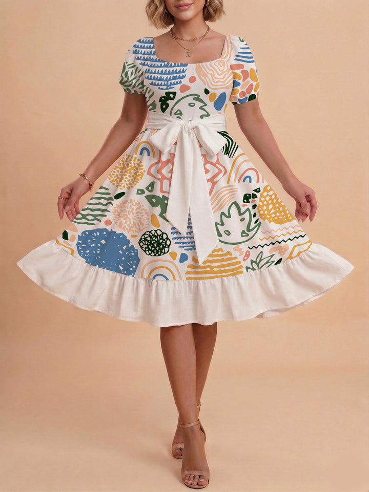 Damen Sommerkleid mit floralem Puffärmel und taillierbarem Gürtel Skjora