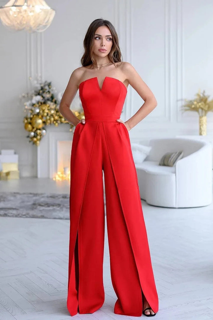 Kvinnenes elegante jumpsuit med dyp v-hals og flytende ben sømmer