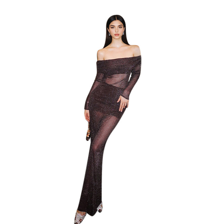Damer elegant off-shoulder maxikjole med volangdetaljer Skjora