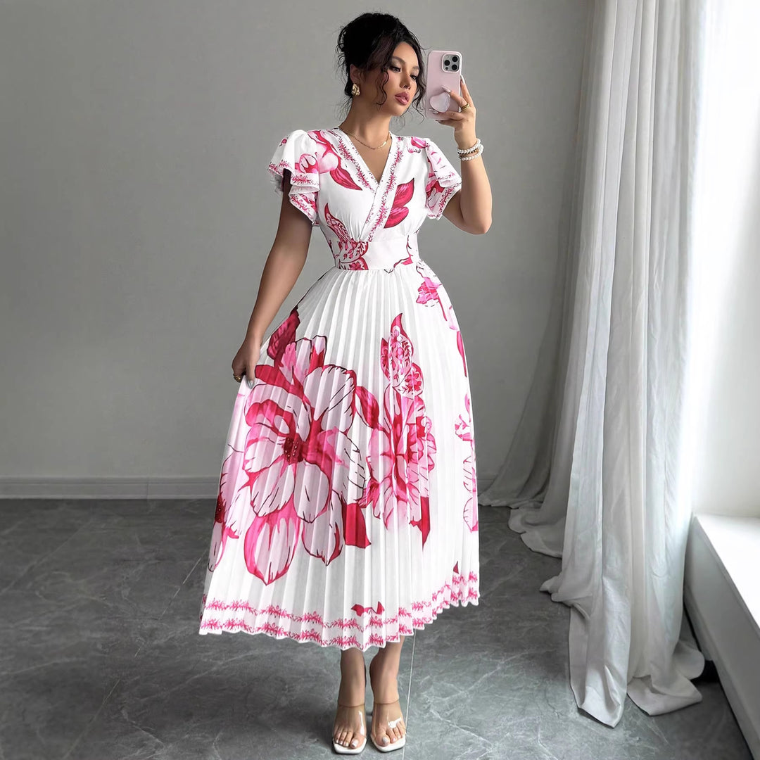 Damer Plisse Maxi Jersey Kjole med blomsterdetaljer og V-utsnitt Skjora