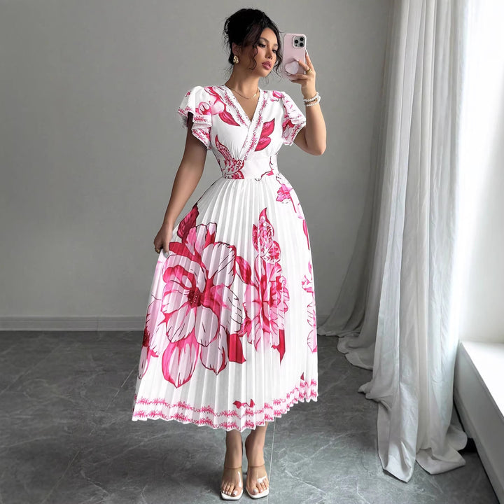 Damer Plisse Maxi Jersey Kjole med blomsterdetaljer og V-utsnitt Skjora