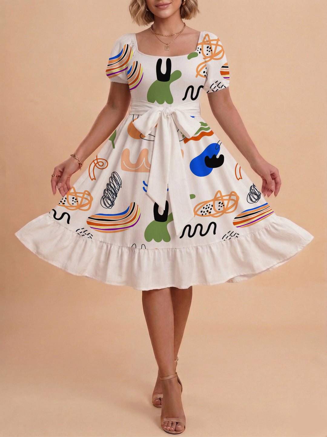Damen Sommerkleid mit floralem Puffärmel und taillierbarem Gürtel Skjora