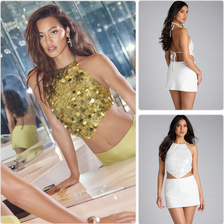 Damer Glamourøs Halter Topp med Funklende Paller og Elegant Snitt