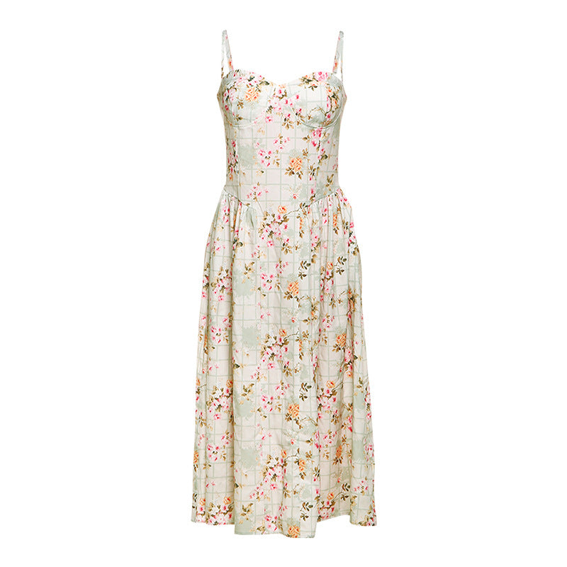Dame Blomsterdesign Midi-Kjole med Spaghetti-stropper og flowy Skjørt Skjora