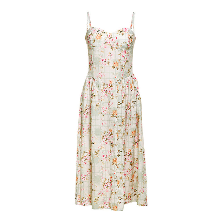 Dame Blomsterdesign Midi-Kjole med Spaghetti-stropper og flowy Skjørt Skjora