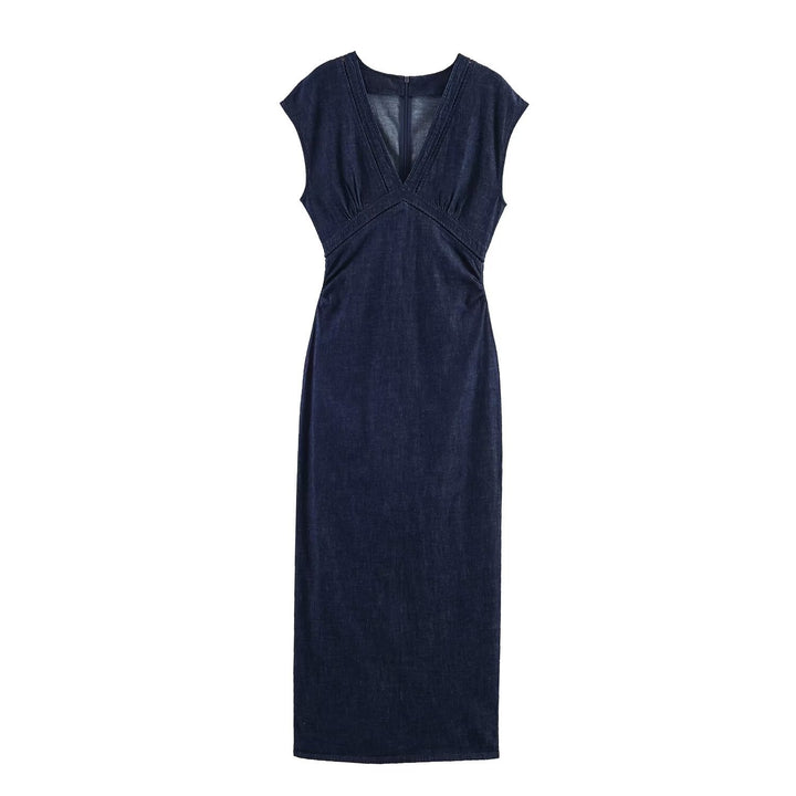 Dame Denim Maxikjole med elegant V-hals og figurskapende silhuett Skjora