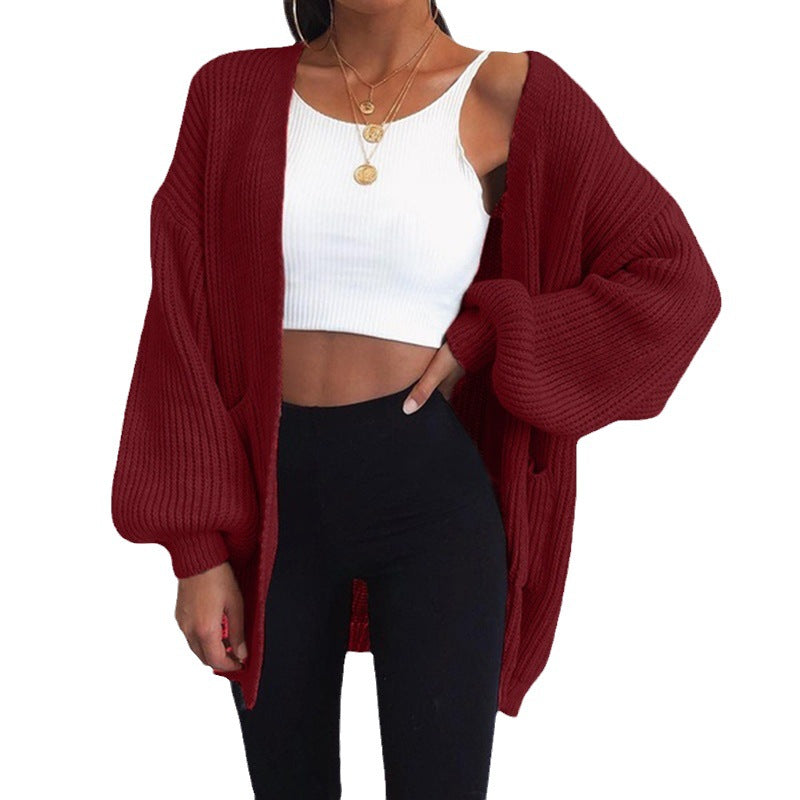 Dame chunky strikket cardigan med overdimensjonerte ermer og praktiske lommer Skjora