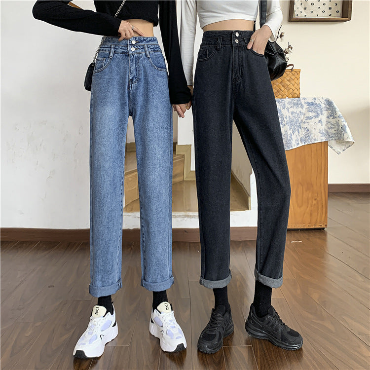 Kvinne Høy Midje Mom Jeans med Avtagbare Buner Skjora