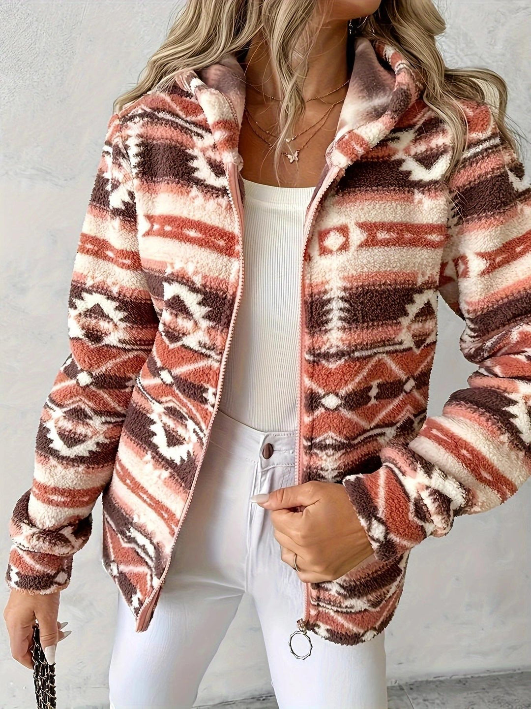 Women's fleece jacket with a tasteful ethnic pattern and practical Skjora zipper