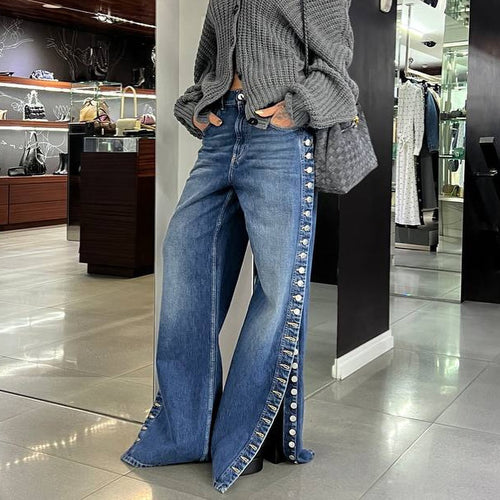 Damebredjeans med knappedekorerte splitt Skjora