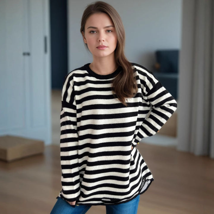 Dame strikket oversized genser med avslappet stripemønster Skjora