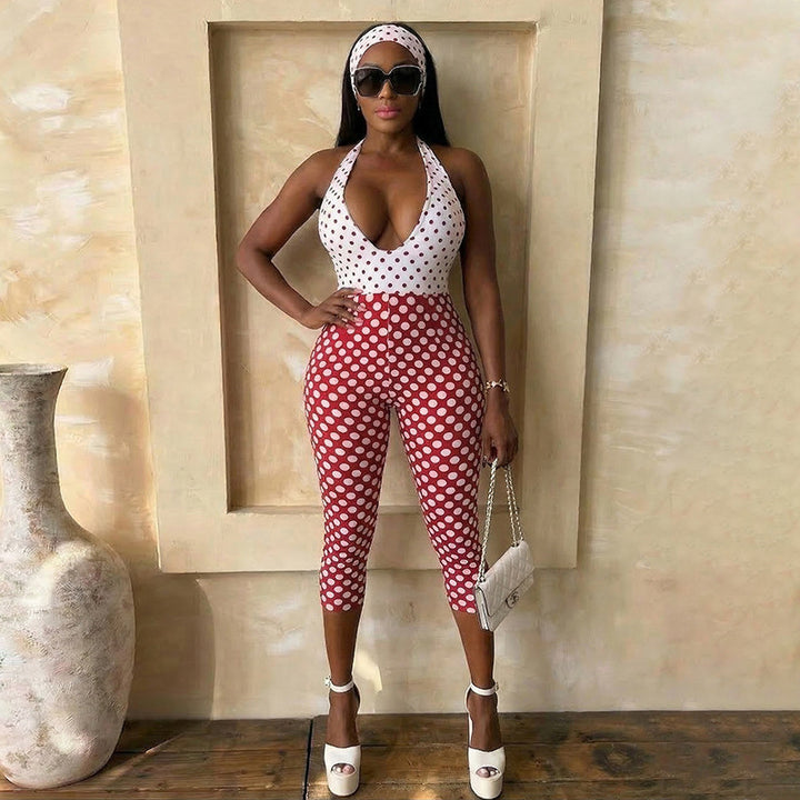 Dame Polka-Dot Jumpsuit med dyp V-hals og elastisk materiale Skjora
