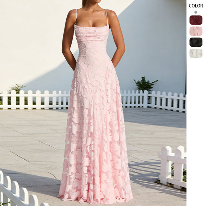Damer Elegant Maxi Kjole med Blomstret Blonderdesign og Justerbare Spagetti Stropper Skjora
