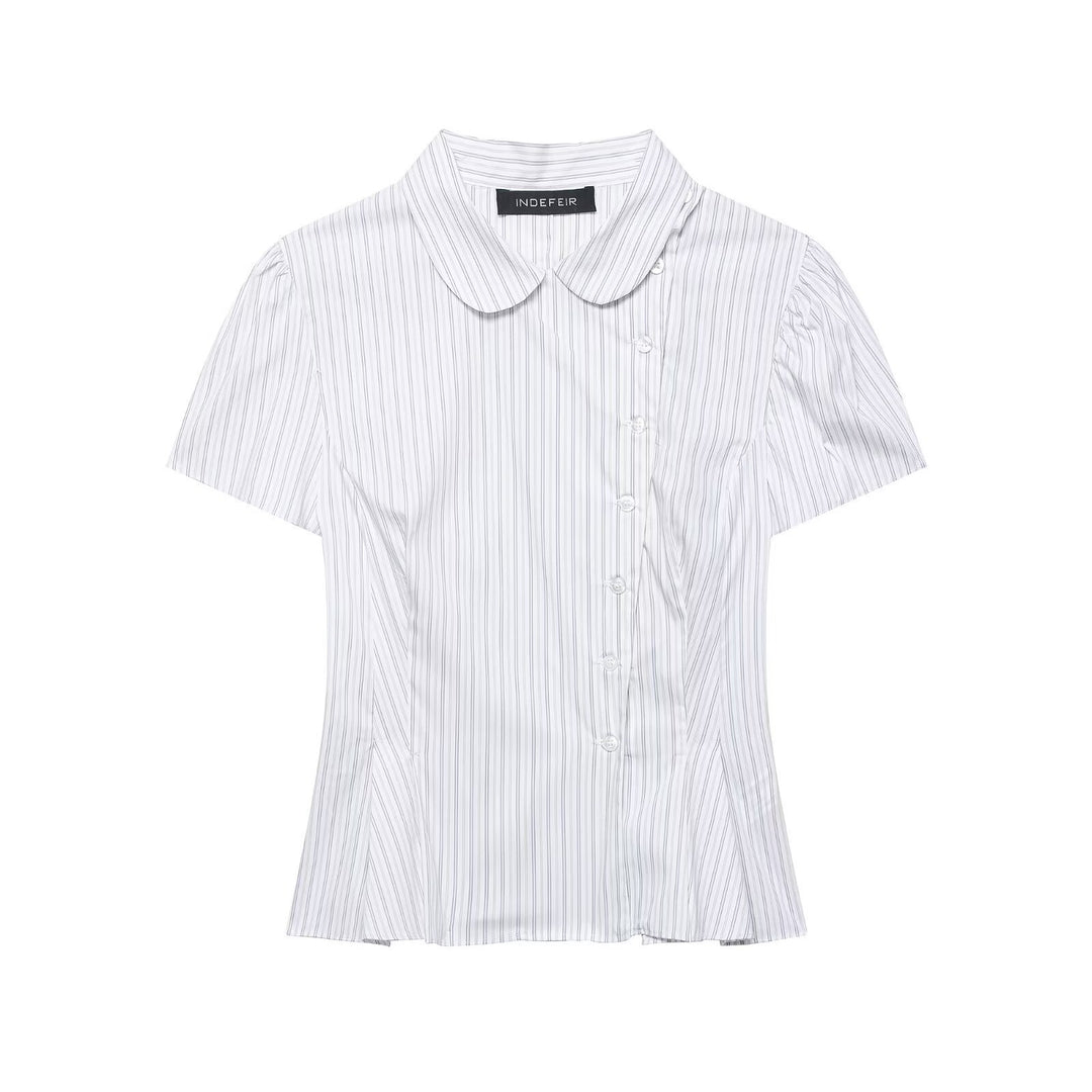 Dame Kortermet bluse med feminine volanger og fine striper Skjora