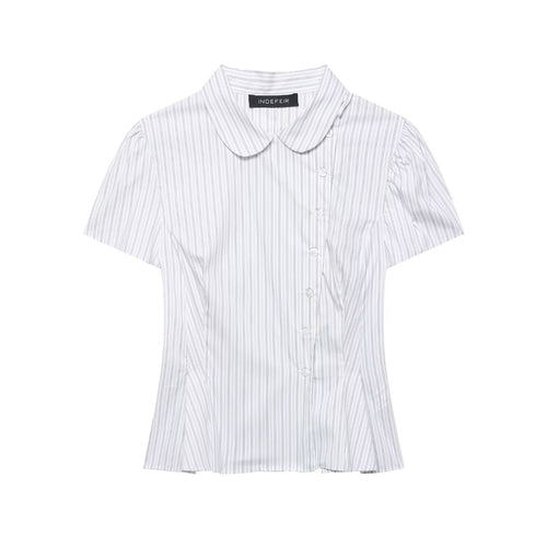 Dame Kortermet bluse med feminine volanger og fine striper Skjora