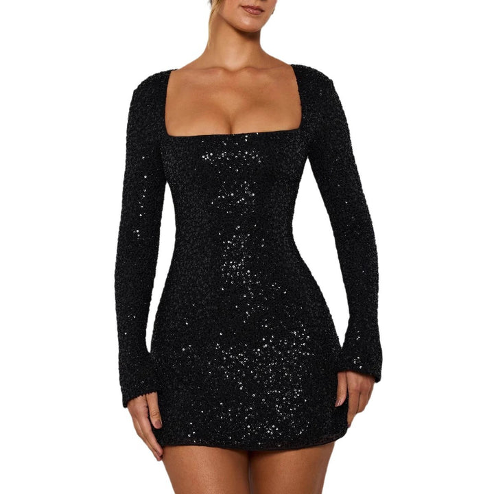 Dame Glitterende Mini Kjole med Lange Ermer og Elegant U-Hals Skjora