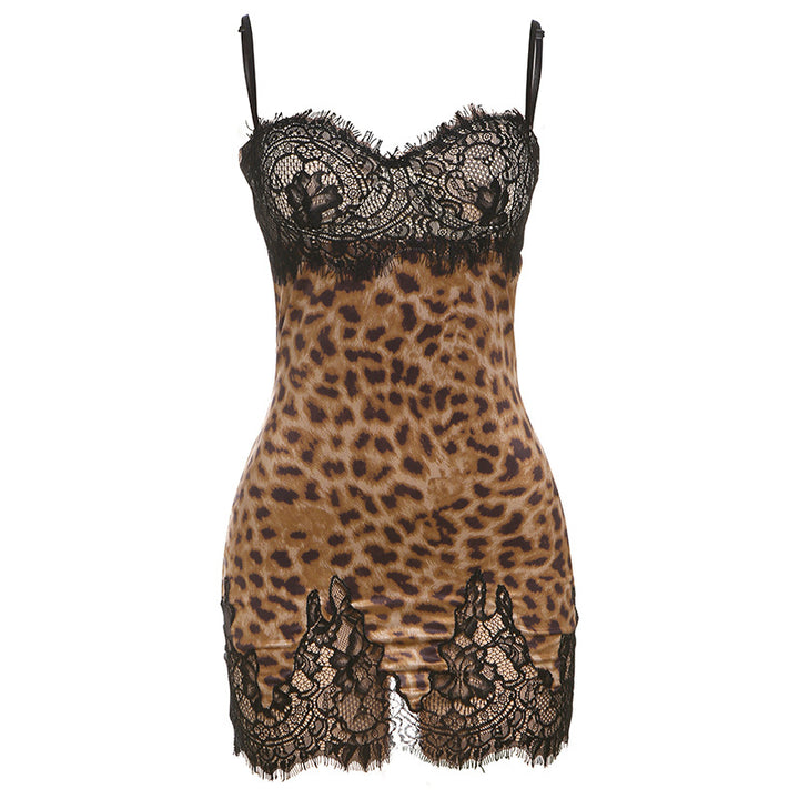 Damer Elegant Spets Natkjole med Leopardmønster og forførende Detaljer Skjora