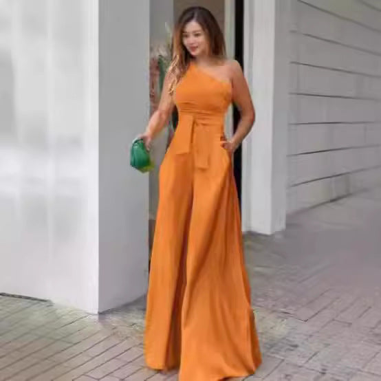 Dame Elegant En-skulder Jumpsuit med Belte og Bred Bein Skjora