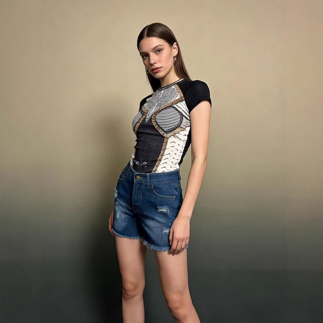 Dame Crop Top og Høyt liv Jeans-Shorts Skjora
