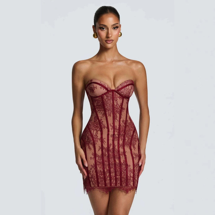Ladies Refined blonde dress with strapless design and noble decorations Skjora